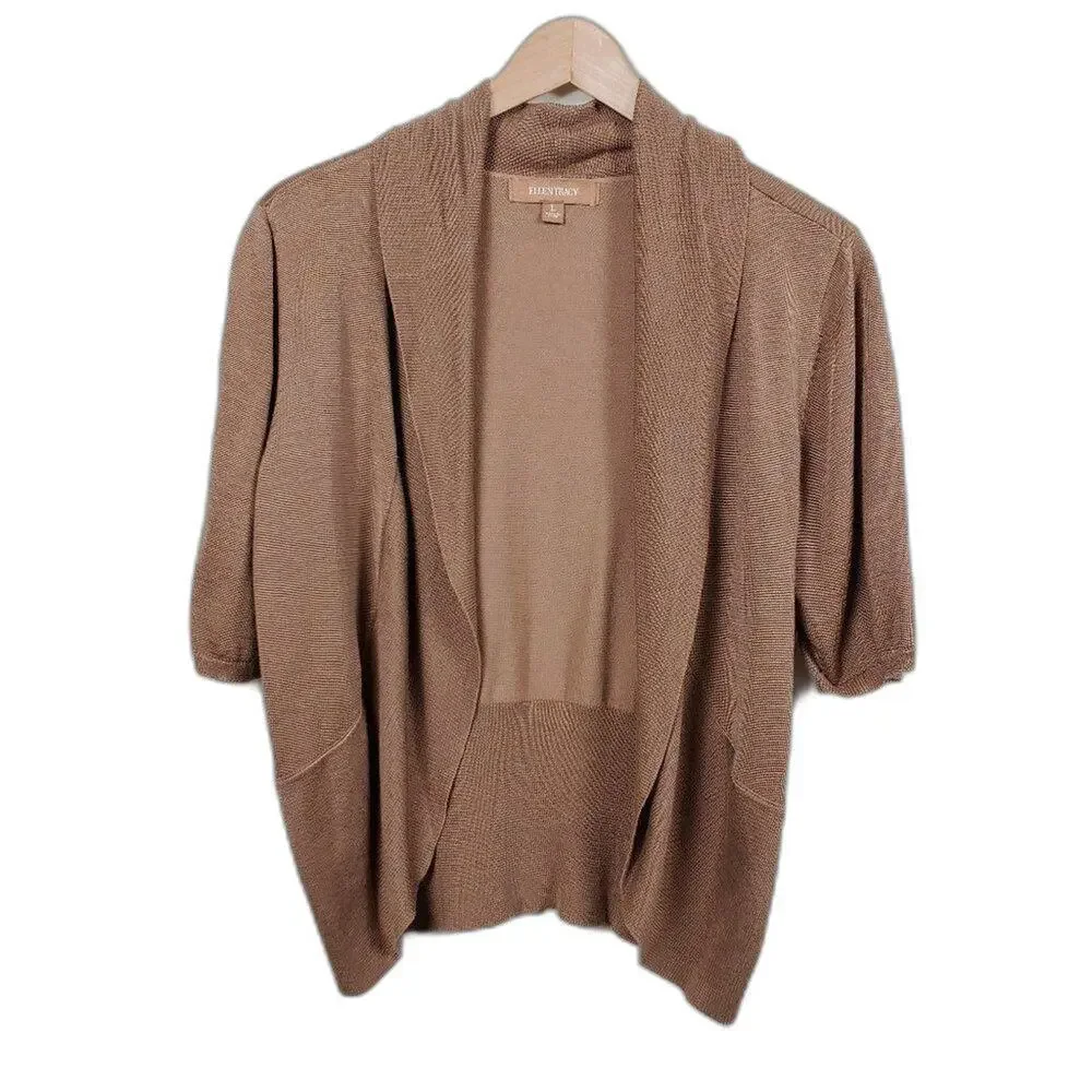 Ellen Tracy Cropped Open Front Cardigan Women Size L Tan Golden Brown